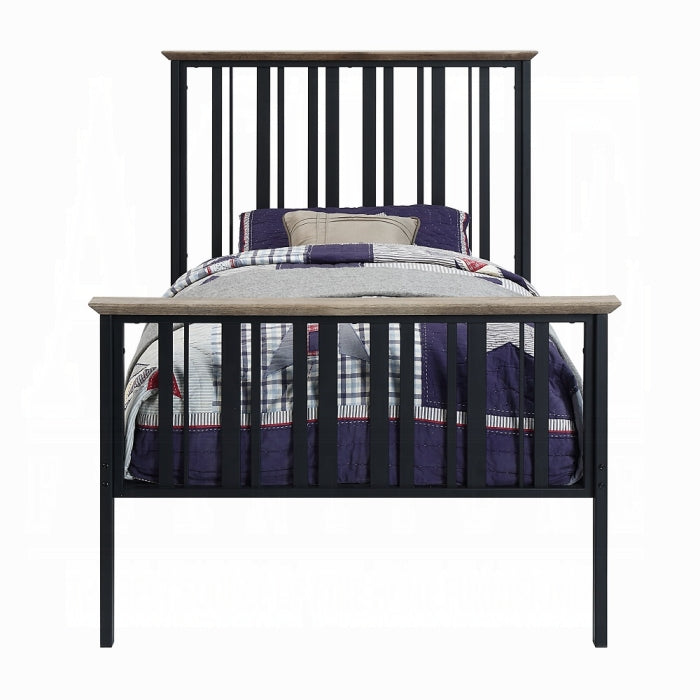 Spuma Zudora Twin Antique Oak Black Finish Metal Frame Bed – Rustic Industrial Design with Weathered Wood Trim