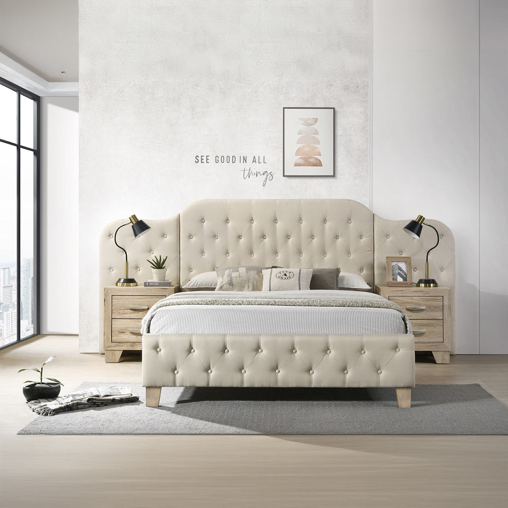 Zoya Ranallo Queen Beige Linen Bed Upholstered Transitional Design with Tufted Headboard