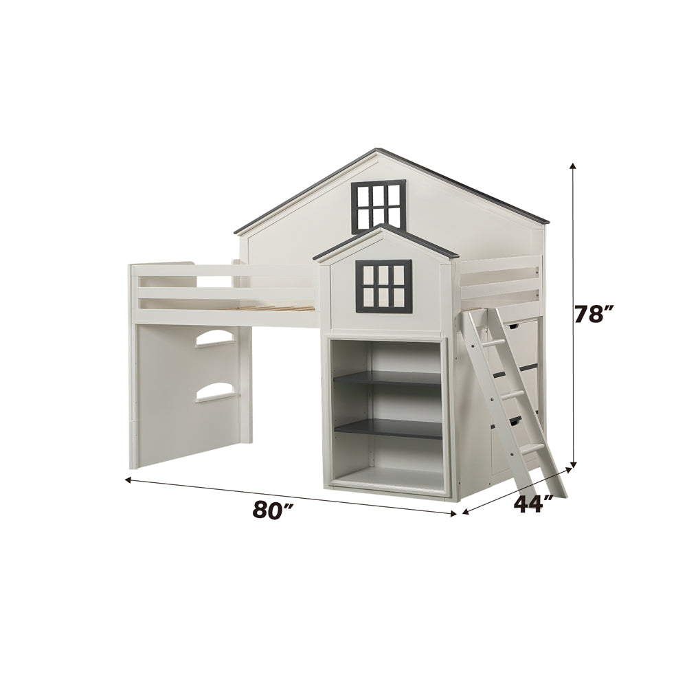 Juno Ratana Twin Loft Bed White Gray Modern Wooden Bed with Study Table, Ladder & Open Shelves