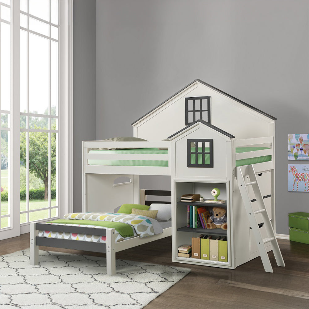 Juno Ratana Twin Loft Bed White Gray Modern Wooden Bed with Study Table, Ladder & Open Shelves
