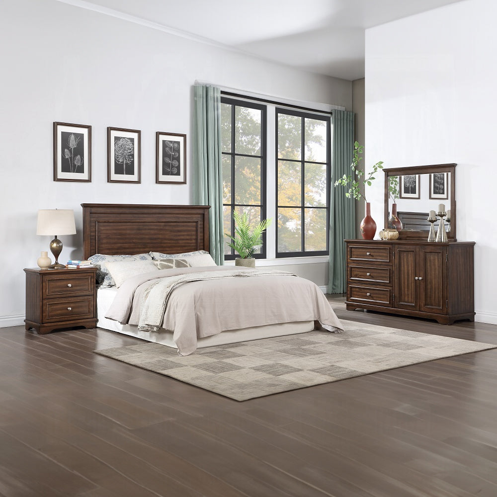 Sidu Franklin Queen Bedroom Set Brushed Walnut – 4pc Wood Bed, Dresser & Mirror
