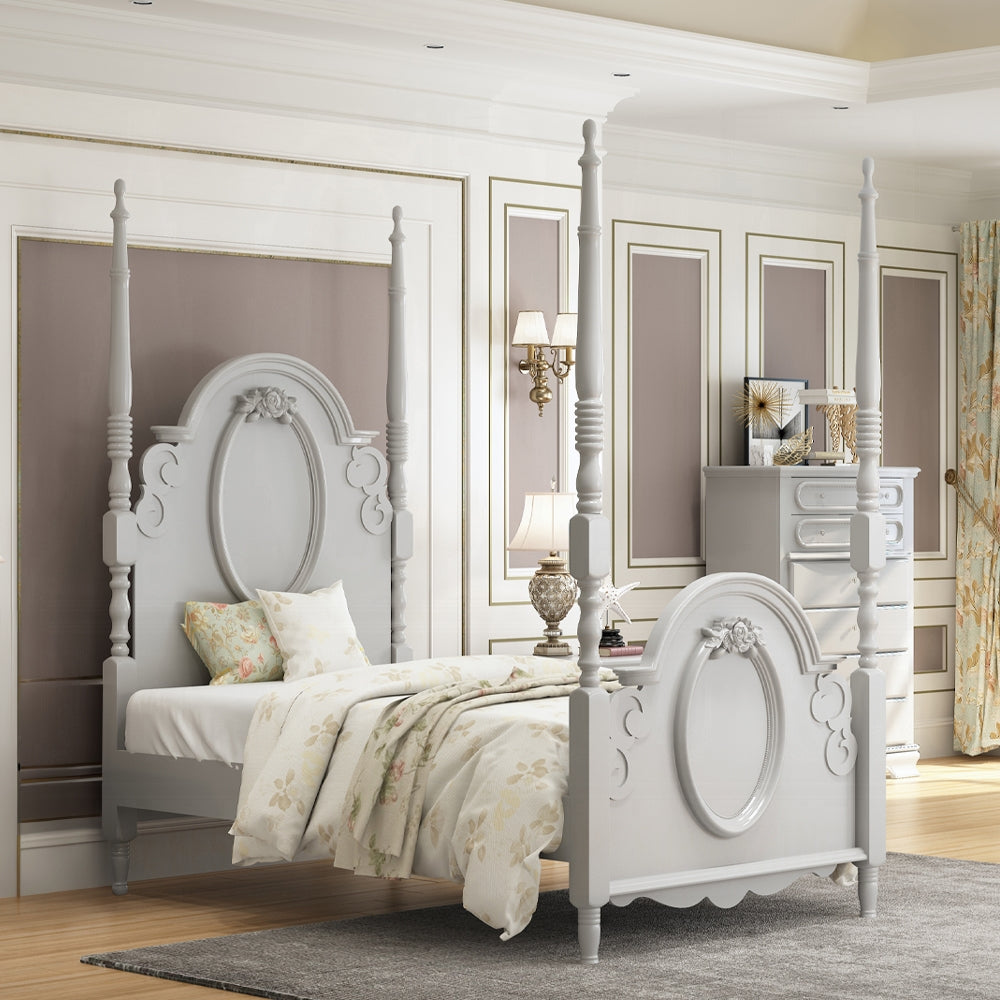 Lakshyaraj Flora Collection Full Size Gray Wooden Bed – Classic Poster Design