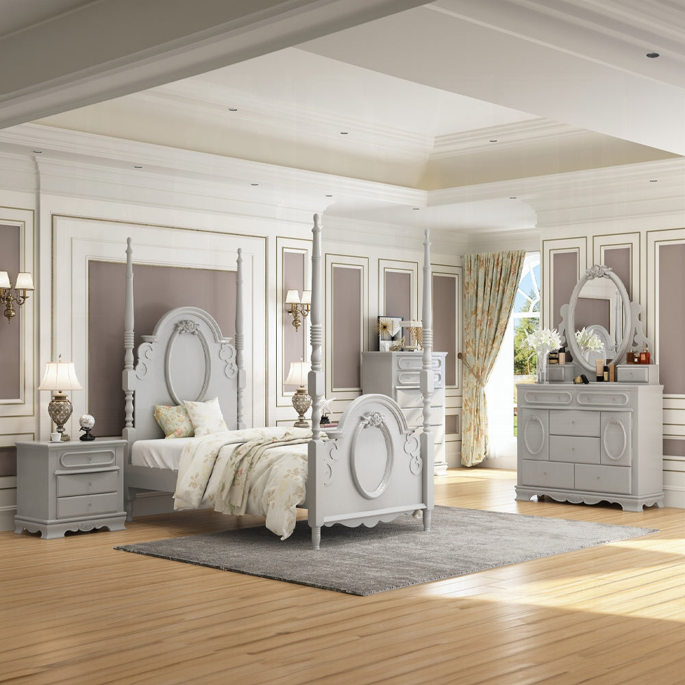 Floral Flora Twin Poster Bed in Gray Finish – Traditional Style Solid Wood Frame