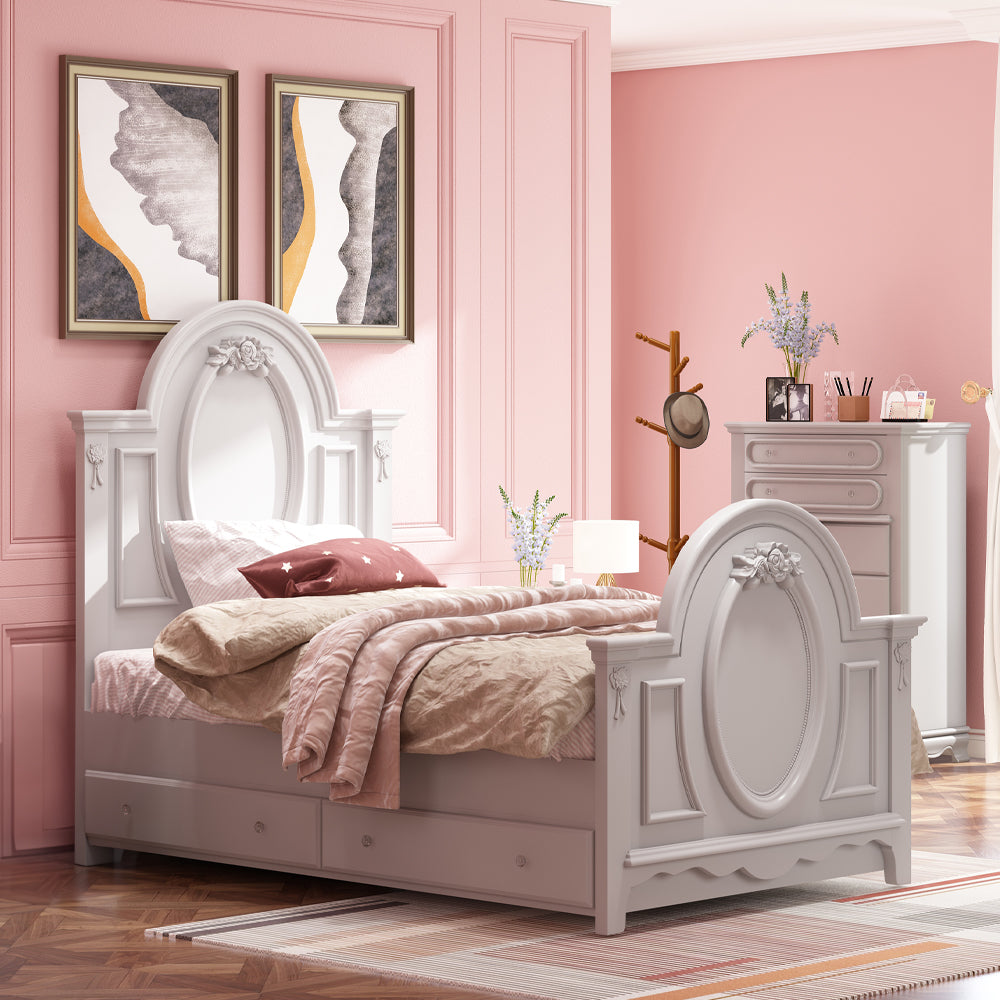 Sophie Flora Twin Size Gray Wood Bed – Traditional Style, Sturdy Build