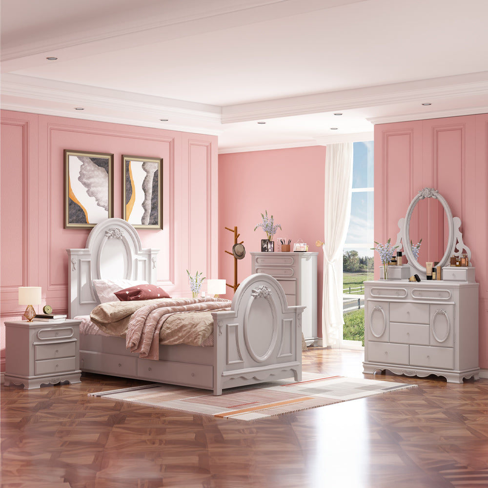 Sophie Flora Twin Size Gray Wood Bed – Traditional Style, Sturdy Build