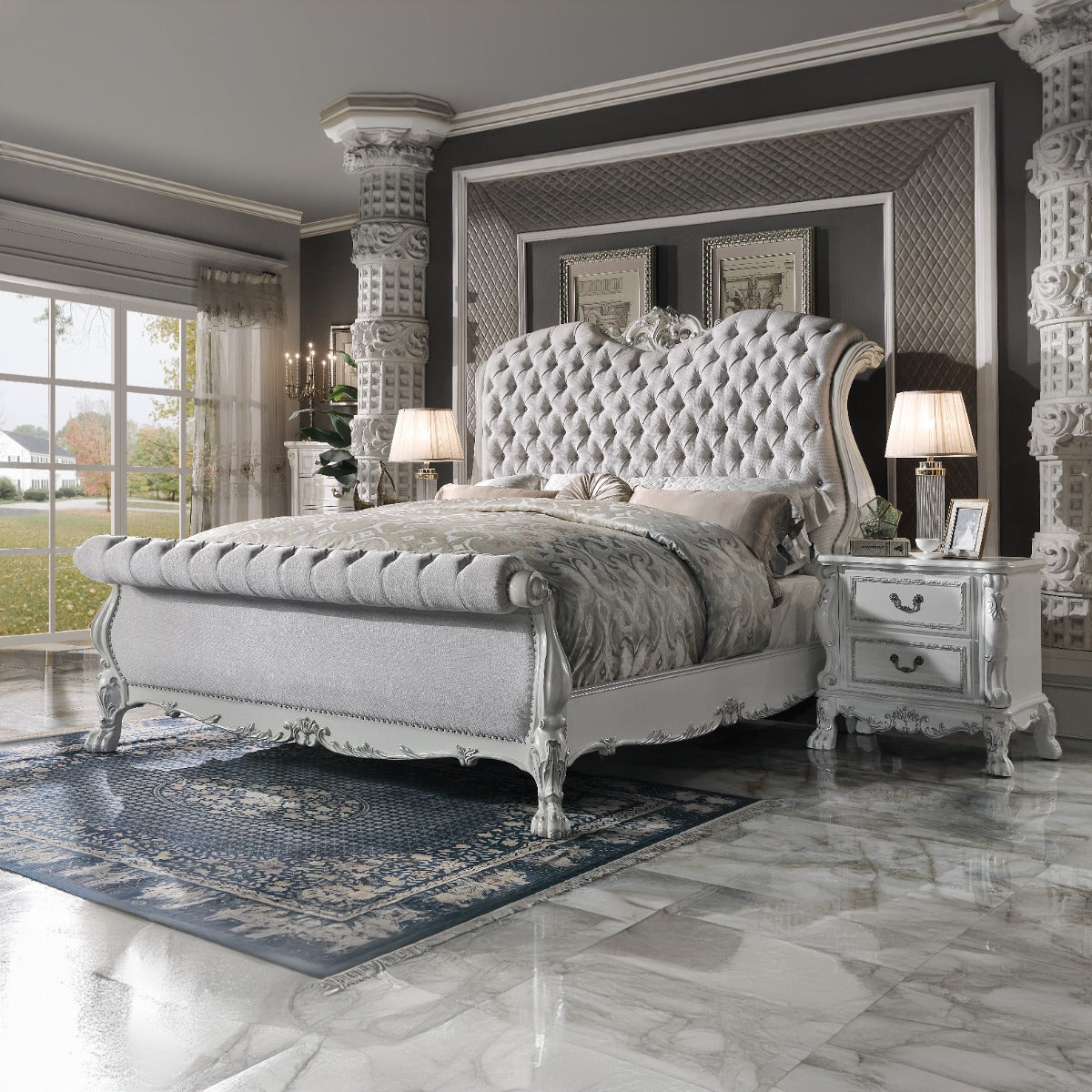 Sagar Dresden Queen Size White Wood Bed – Baroque Style with Button-Tufted Headboard