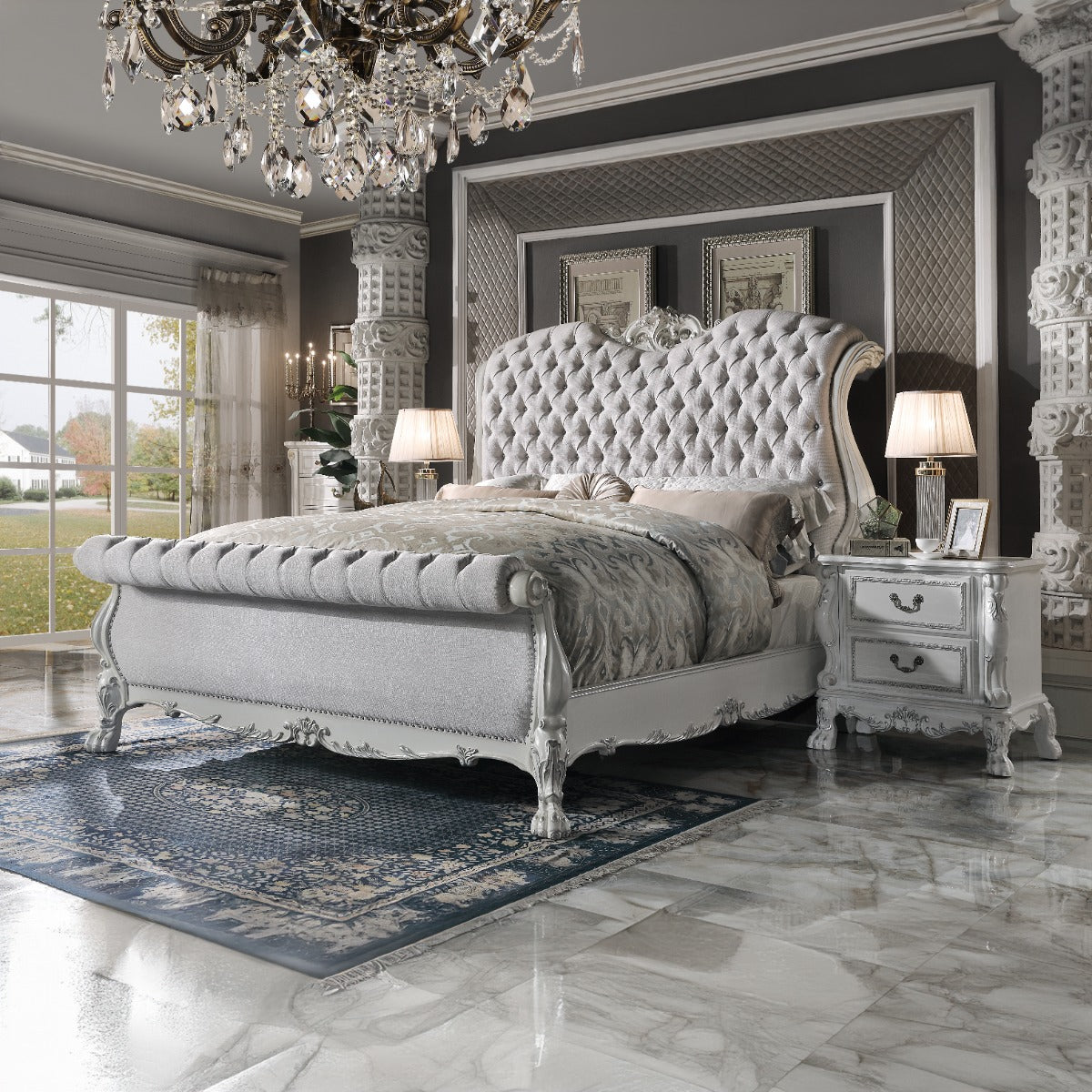 Sagar Dresden Queen Size White Wood Bed – Baroque Style with Button-Tufted Headboard