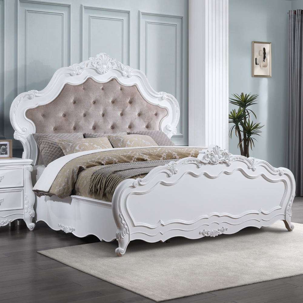 Torino Latisha Eastern King Pure White Upholstered Platform Bed – Classic Scroll Design Padded Headboard