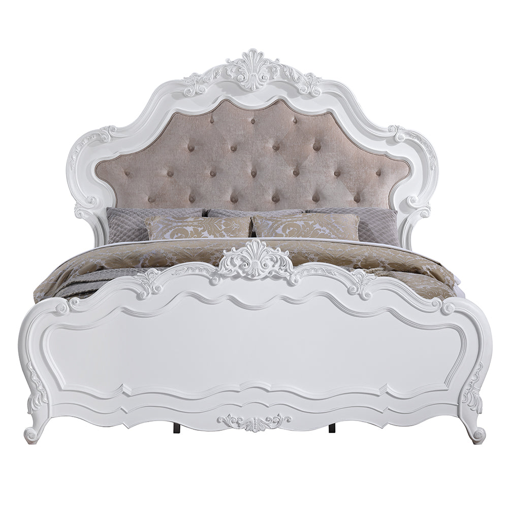 Torino Latisha Eastern King Pure White Upholstered Platform Bed – Classic Scroll Design Padded Headboard