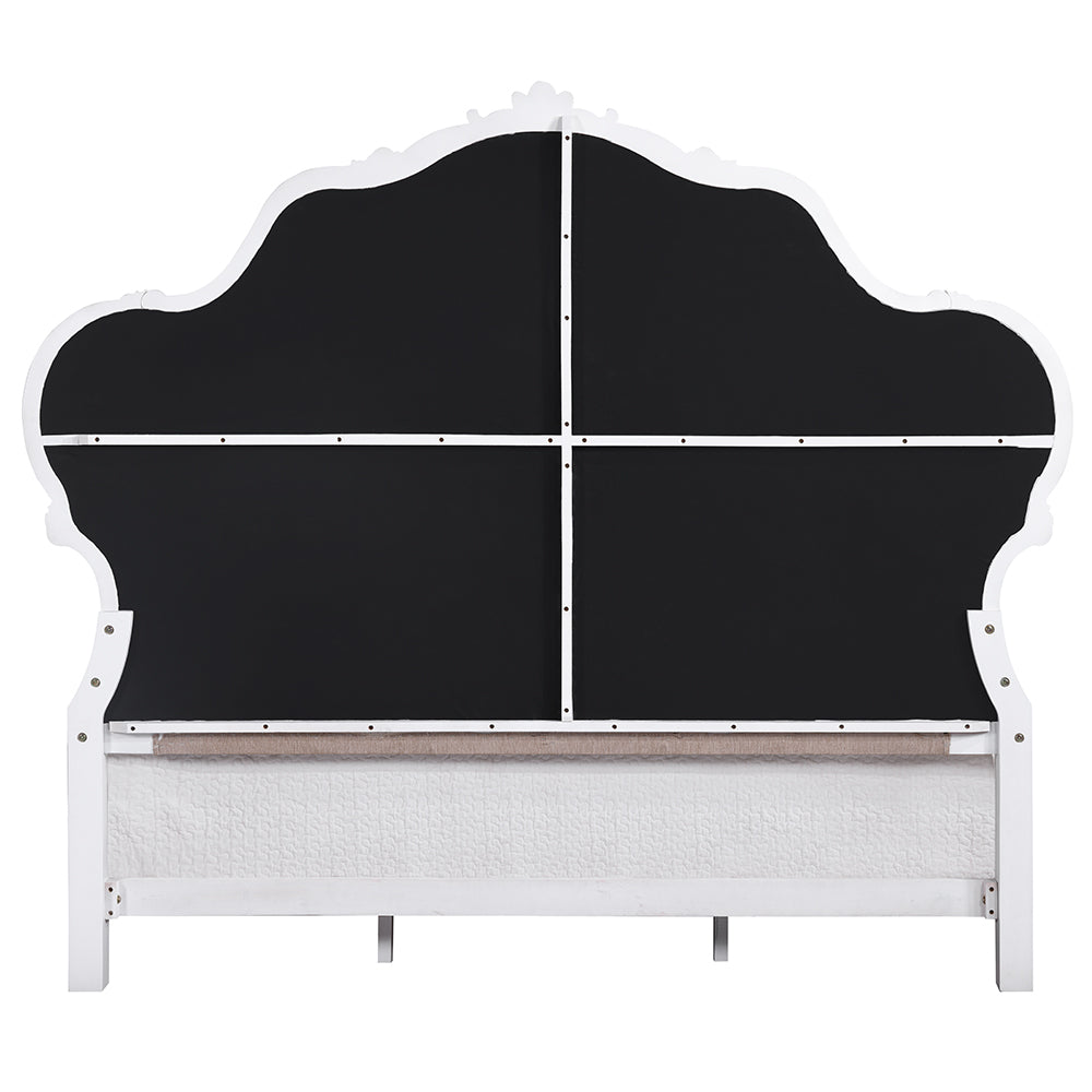 Torino Latisha Eastern King Pure White Upholstered Platform Bed – Classic Scroll Design Padded Headboard