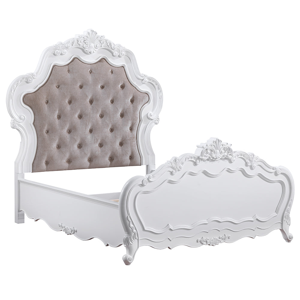 Timmy Acme Latisha Queen White Wood Fabric Panel Bed – Traditional Elegant Style with Tufted Headboard
