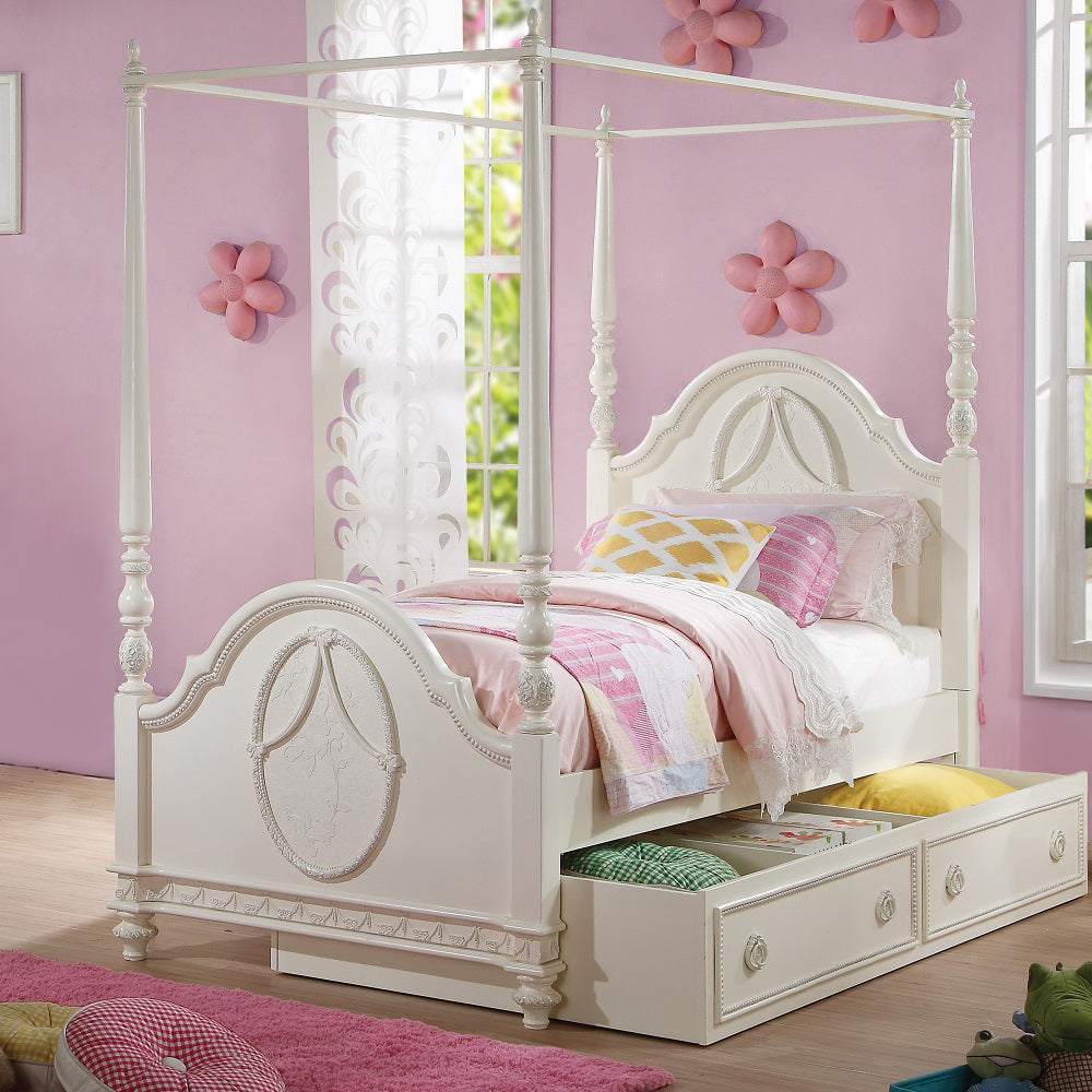 Ivory Dorothy Full Poster Bed in Ivory Finish Wooden Construction, Timeless Style
