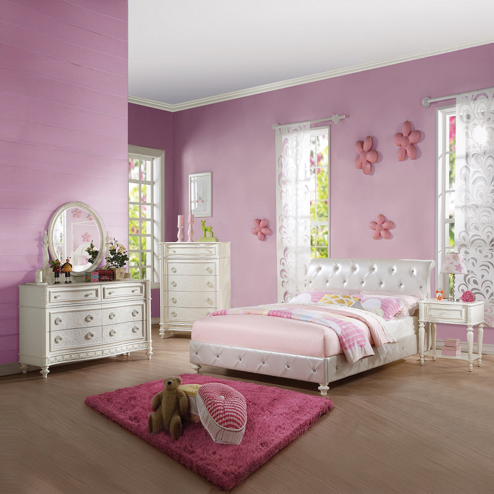 Eleanor Dorothy Twin Pearl White Bed – Faux Leather Sleigh Style