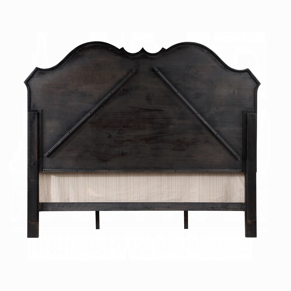 Juneja Chelmsford Collection California King Upholstered Bed – Beige Fabric, Black Antique Accents