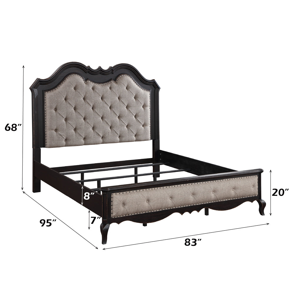Juneja Chelmsford Collection California King Upholstered Bed – Beige Fabric, Black Antique Accents
