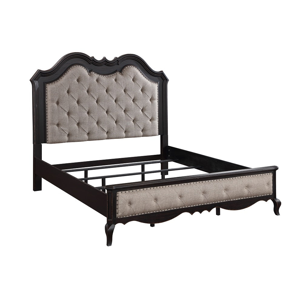 Ansari Chelmsford Queen Upholstered Bed Beige Fabric & Antique Black – Traditional Carved Wooden Frame