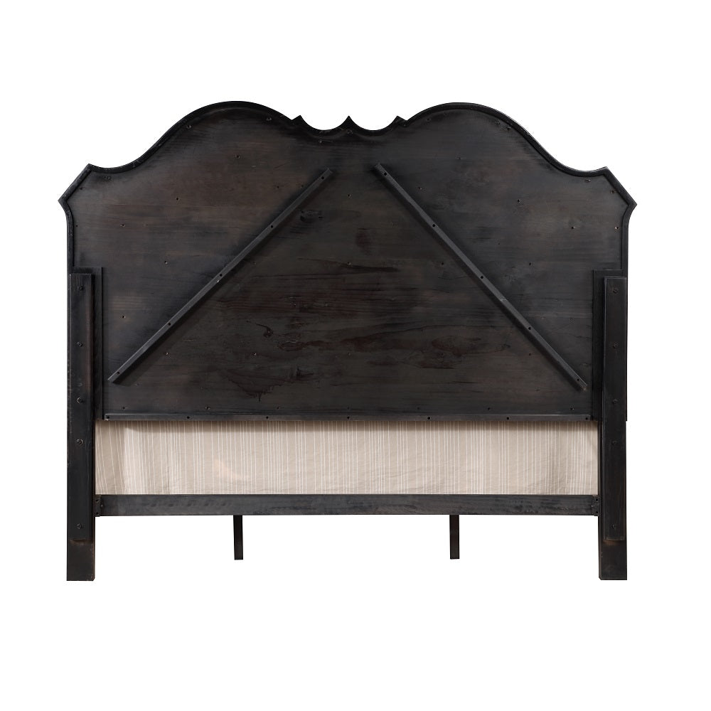 Ansari Chelmsford Queen Upholstered Bed Beige Fabric & Antique Black – Traditional Carved Wooden Frame
