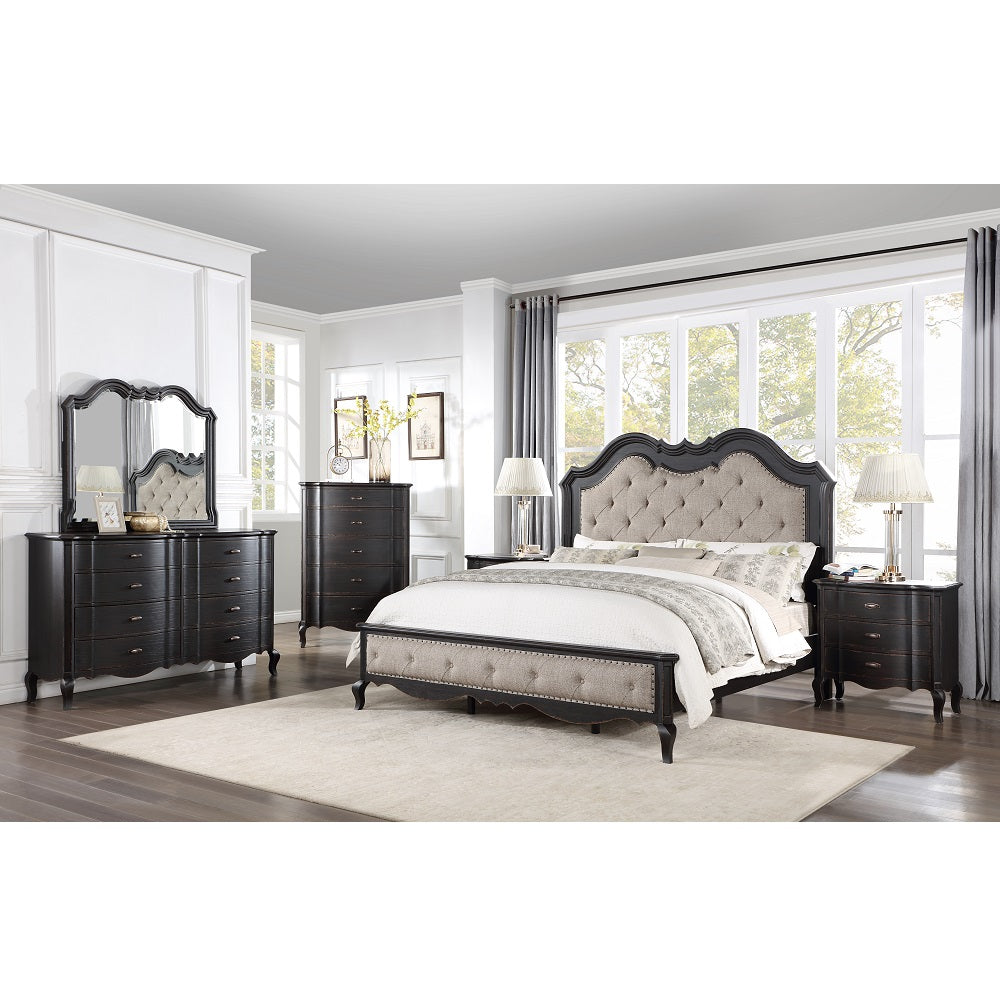 Ansari Chelmsford Queen Upholstered Bed Beige Fabric & Antique Black – Traditional Carved Wooden Frame