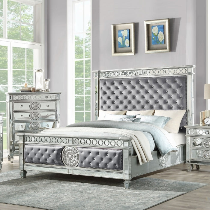 Barman Varian Collection Queen Bed Gray Fabric – Contemporary Mirrored Accents