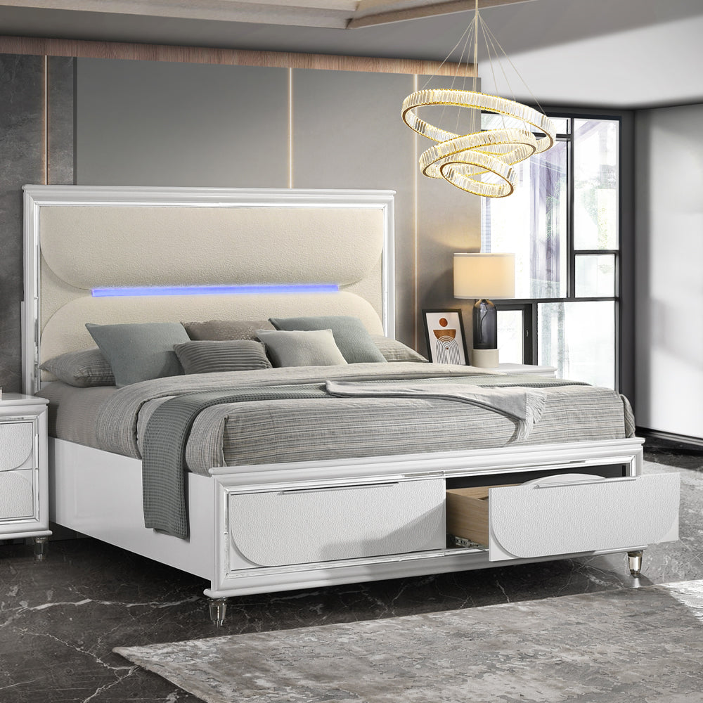 Tarian Queen Bed w/Storage & LED, White Boucle & Pearl White Finish