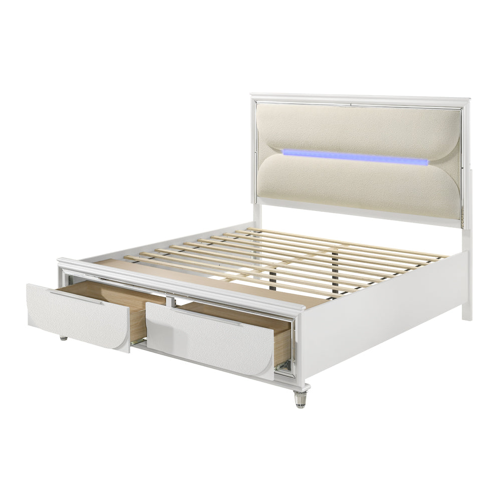 Tarian Queen Bed w/Storage & LED, White Boucle & Pearl White Finish