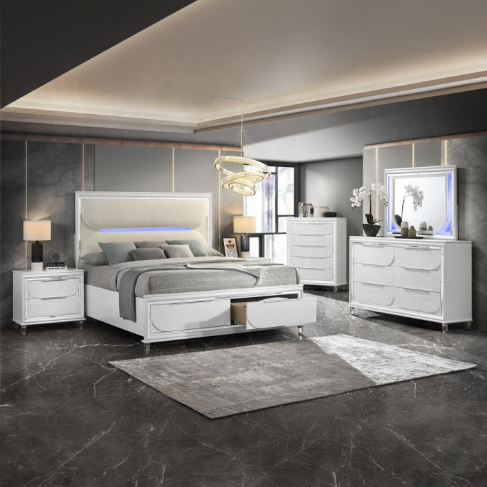 Tarian Queen Bed w/Storage & LED, White Boucle & Pearl White Finish