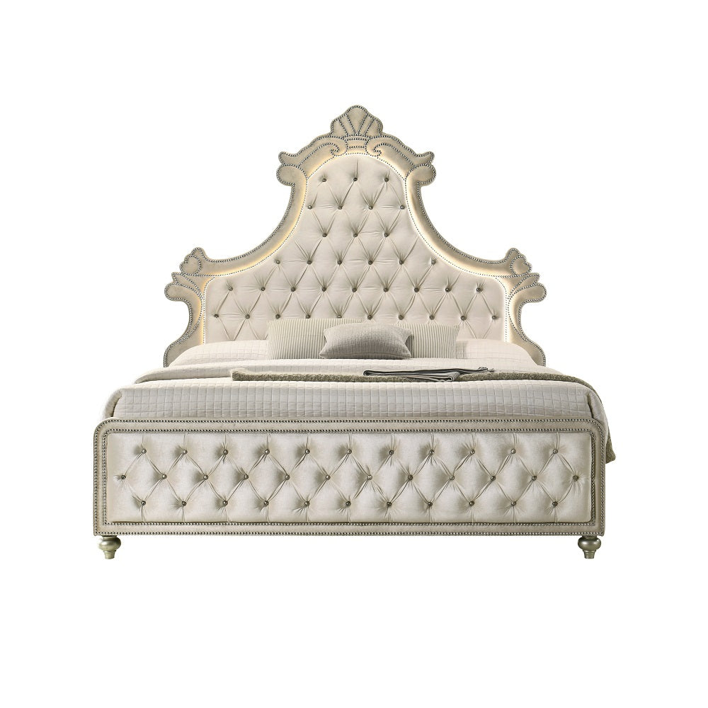 Rosey Lucienne Eastern King Beige Velvet Bedroom Bed – Modern LED Headboard with Chrome Accents