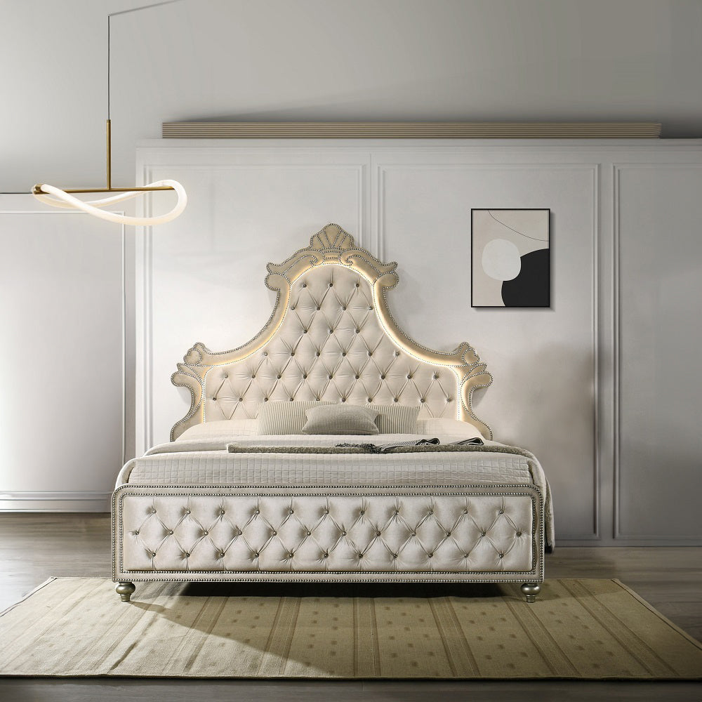Rosey Lucienne Eastern King Beige Velvet Bedroom Bed – Modern LED Headboard with Chrome Accents