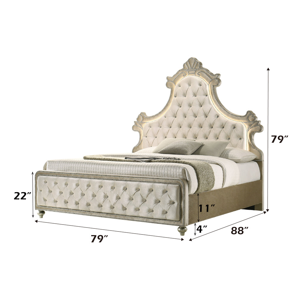 Rosey Lucienne Eastern King Beige Velvet Bedroom Bed – Modern LED Headboard with Chrome Accents