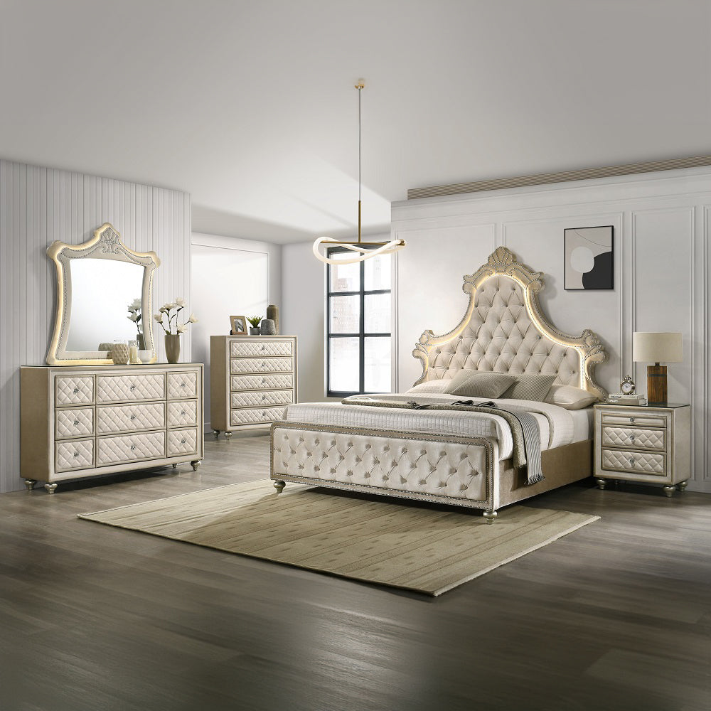 Rosey Lucienne Eastern King Beige Velvet Bedroom Bed – Modern LED Headboard with Chrome Accents
