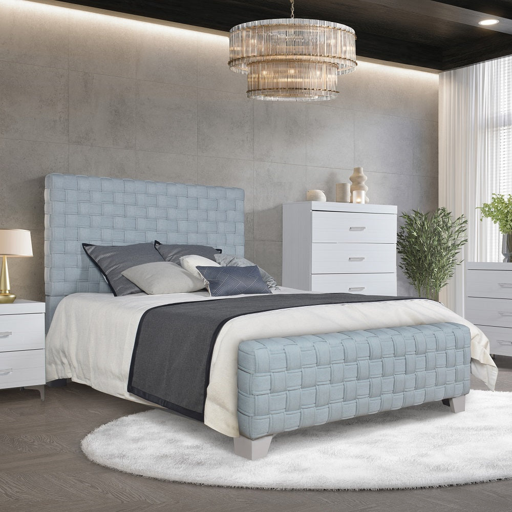 Saree Eastern King Bed, Light Teal Chenille & Gray Finish