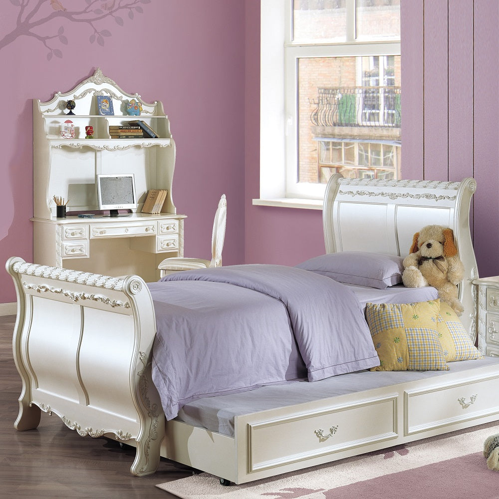 Selena Pearl Twin Size Pearl White Wooden Sleigh Bed – Classic Traditional Style with Timeless Appeal