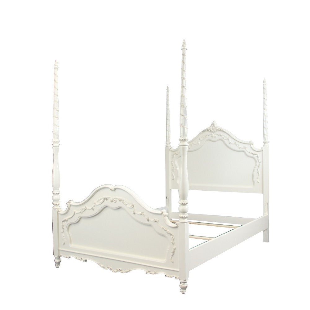 Nebula Pearl Collection Full Size Pearl White Solid Wood Poster Bed – Classic Four Post Design with Ornate Carving