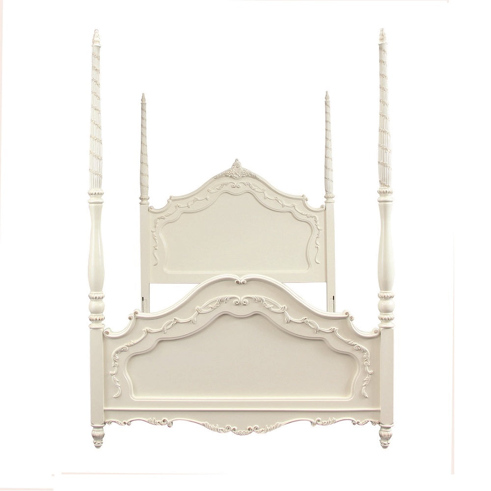 Nebula Pearl Collection Full Size Pearl White Solid Wood Poster Bed – Classic Four Post Design with Ornate Carving