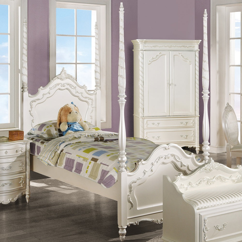 Nebula Pearl Collection Full Size Pearl White Solid Wood Poster Bed – Classic Four Post Design with Ornate Carving