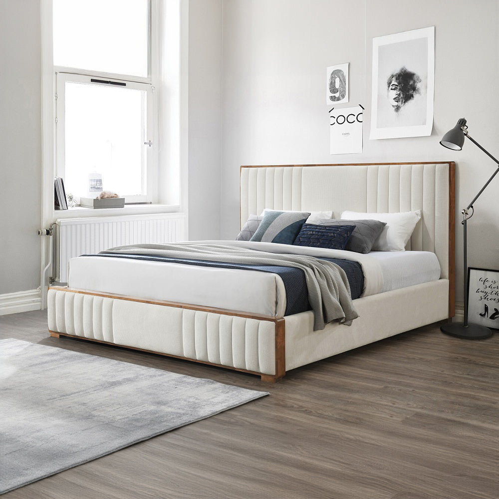 Lucca Kaleea King Bed Beige Upholstered Chenille Walnut Wood Frame