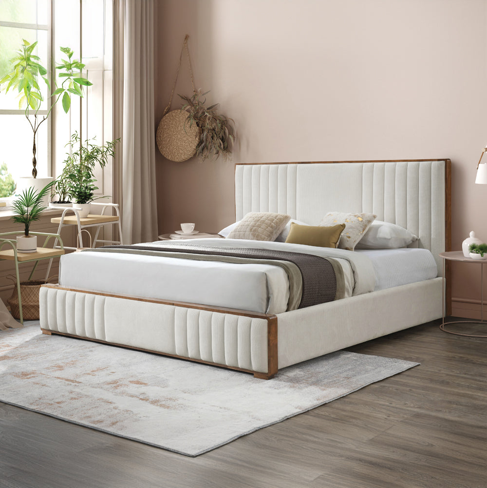 Shelby Kaleea Queen Bed in Beige Chenille – Walnut Wood Frame, Tufted Headboard
