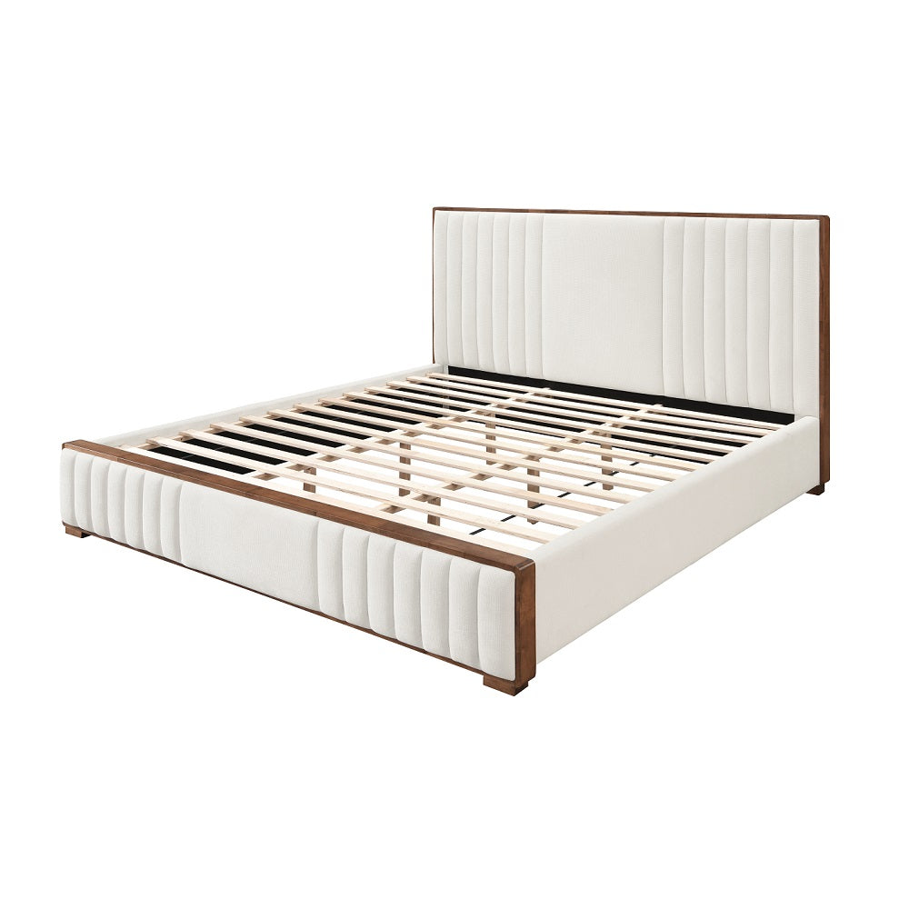 Shelby Kaleea Queen Bed in Beige Chenille – Walnut Wood Frame, Tufted Headboard
