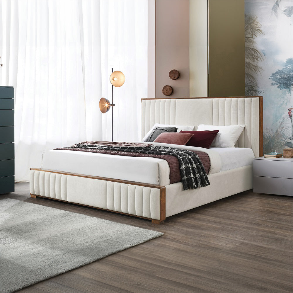 Shelby Kaleea Queen Bed in Beige Chenille – Walnut Wood Frame, Tufted Headboard