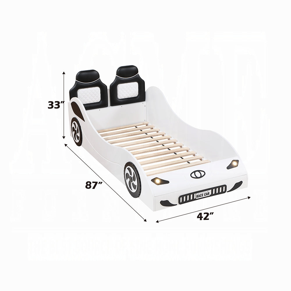 Zaria Colen Collection Twin Red Wood Race Car Bed – LED Lights & Padded Headboard