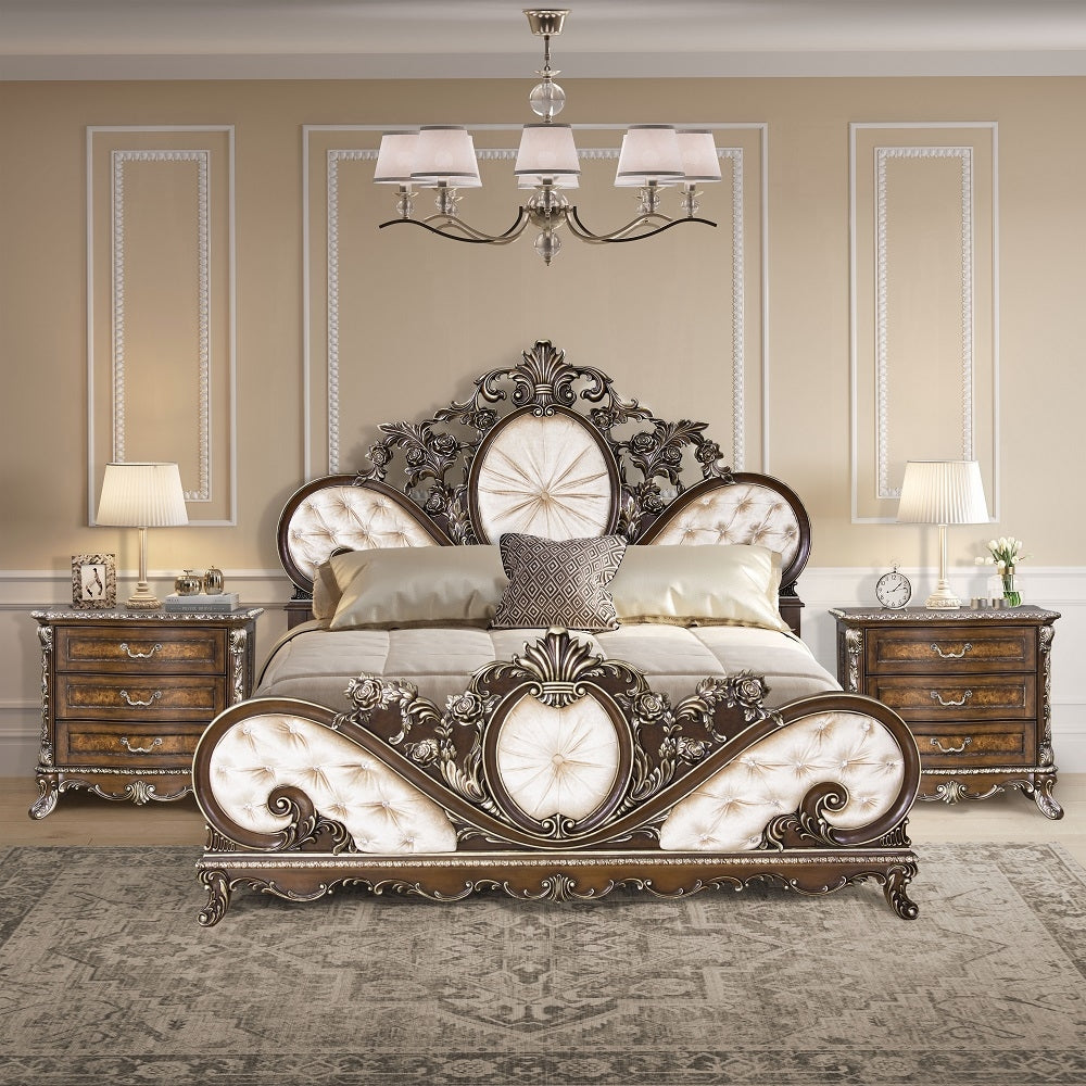Beatrice Devany Eastern King Upholstered Bed – Cream Fabric & Carved Cherry Wood