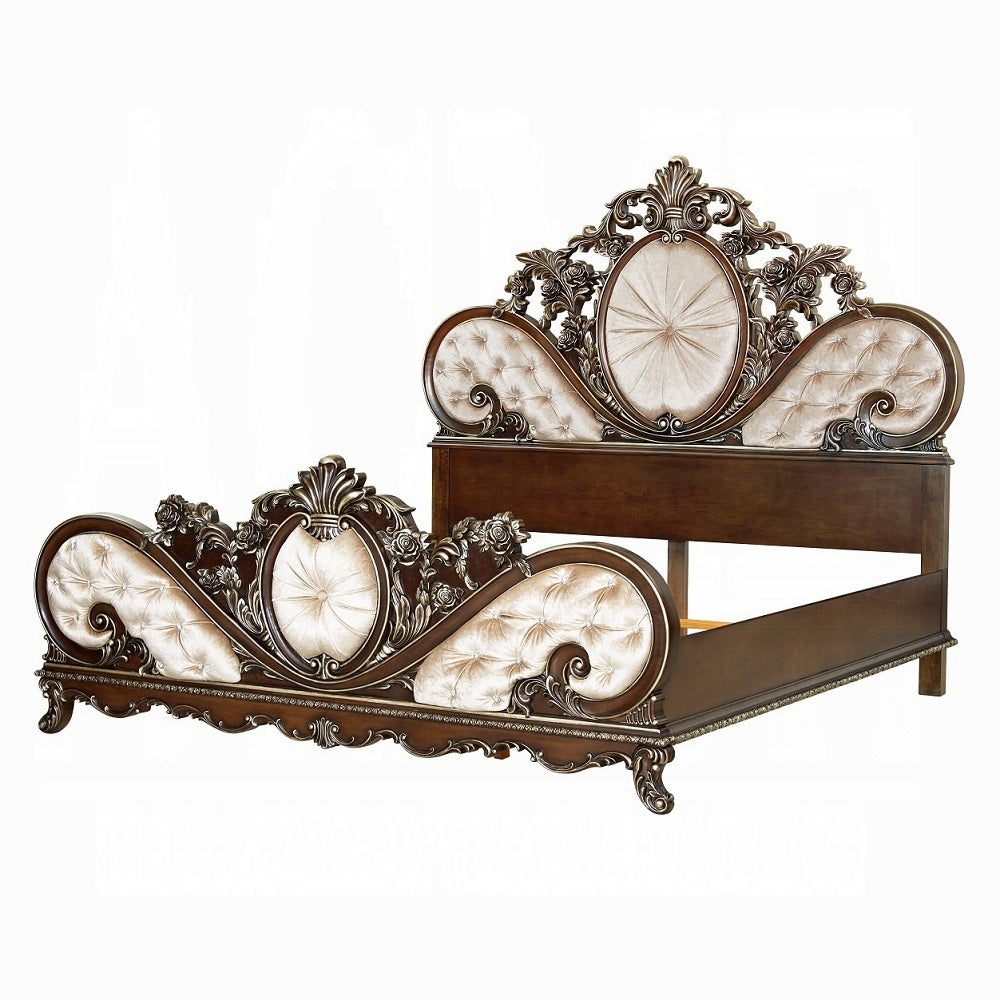 Beatrice Devany Eastern King Upholstered Bed – Cream Fabric & Carved Cherry Wood