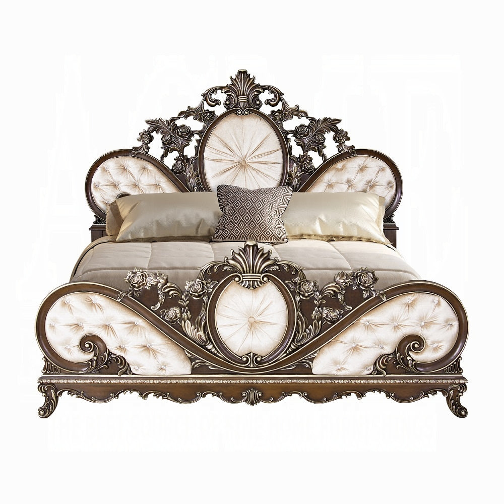 Beatrice Devany Eastern King Upholstered Bed – Cream Fabric & Carved Cherry Wood