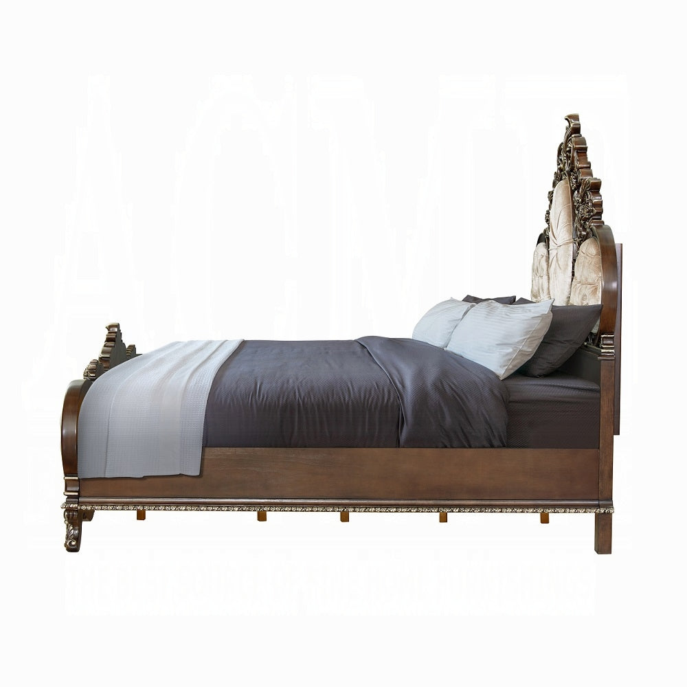 Beatrice Devany Eastern King Upholstered Bed – Cream Fabric & Carved Cherry Wood