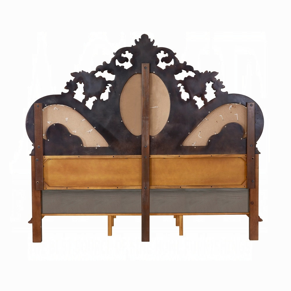 Beatrice Devany Eastern King Upholstered Bed – Cream Fabric & Carved Cherry Wood