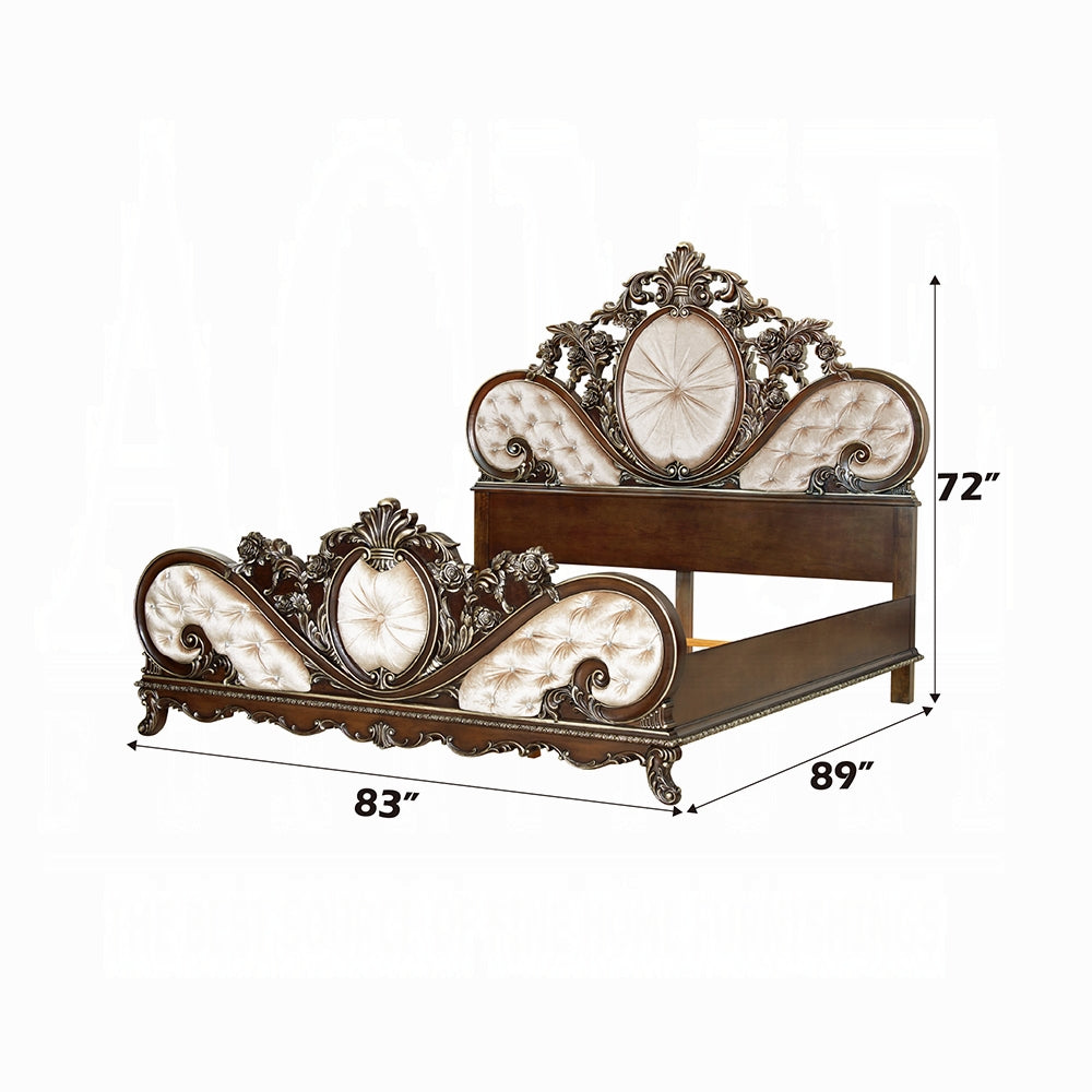 Beatrice Devany Eastern King Upholstered Bed – Cream Fabric & Carved Cherry Wood