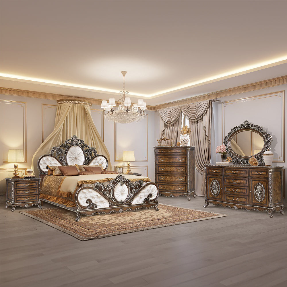 Beatrice Devany Eastern King Upholstered Bed – Cream Fabric & Carved Cherry Wood