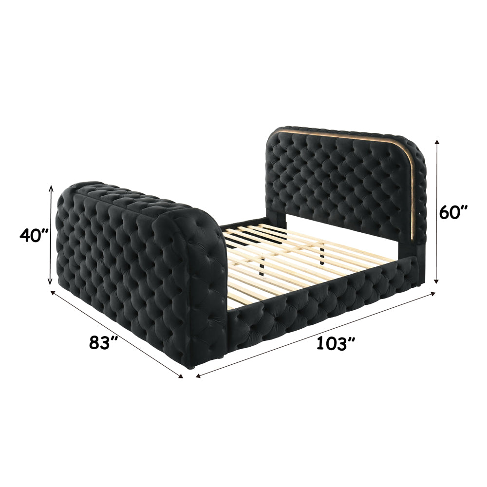 Kana Eastern King Bed w/LED, Fireplace & TV Stand, Black Upholstery Velvet