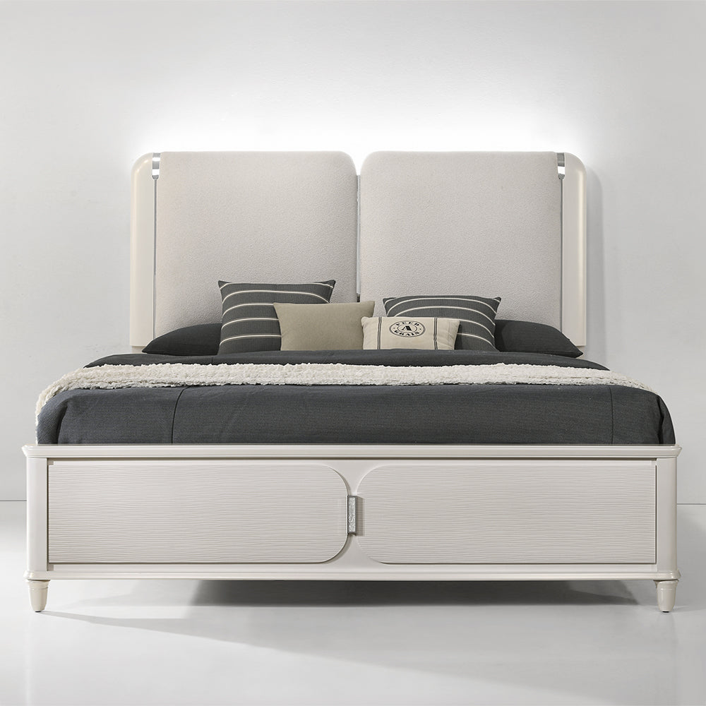 Laveda Eastern King Bed w/LED, Light Gray Boucle & Pearl White Finish