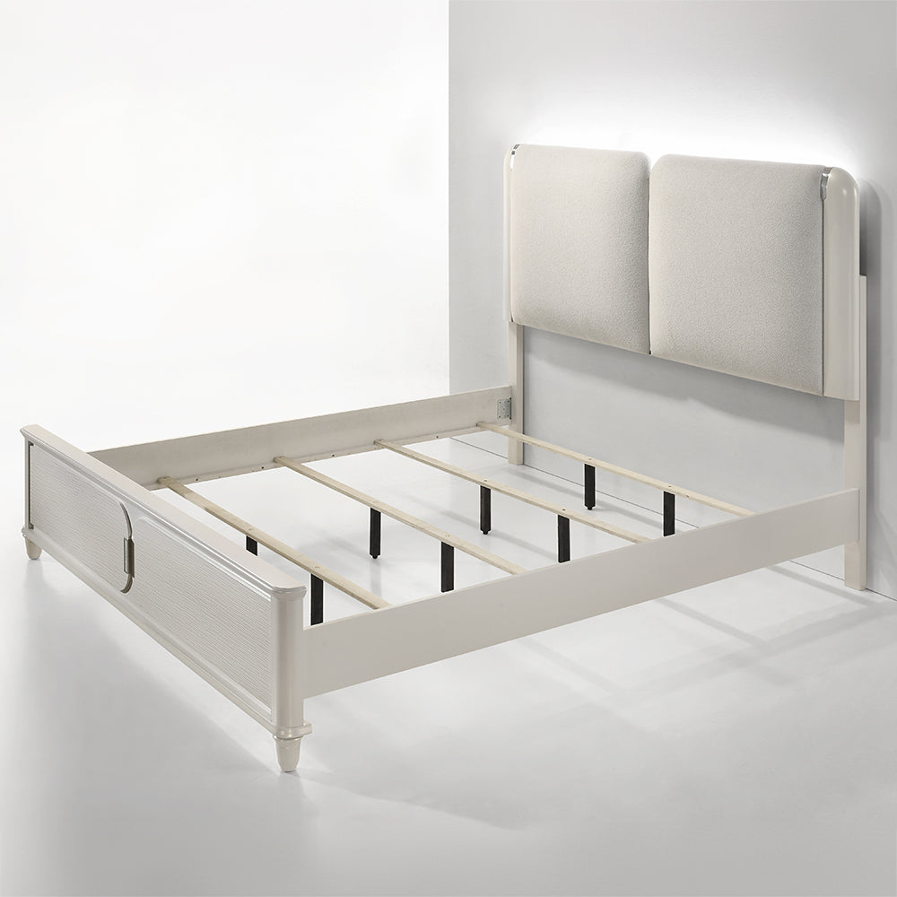 Adam Laveda Queen Light Gray Pearl White Boucle Platform Bed – Contemporary LED Accent Lighting